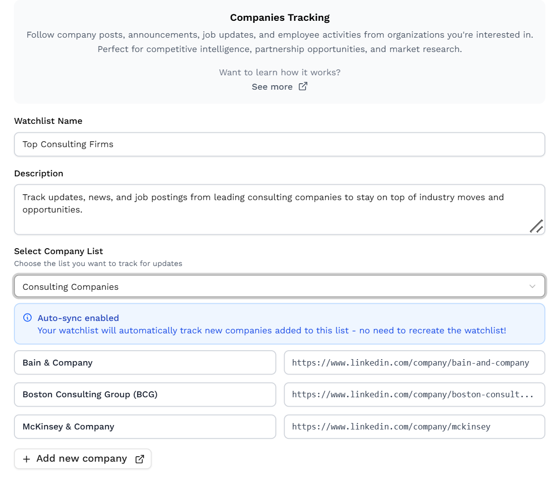 Unternehmens-Watchlist-Beispiel in Outx.ai